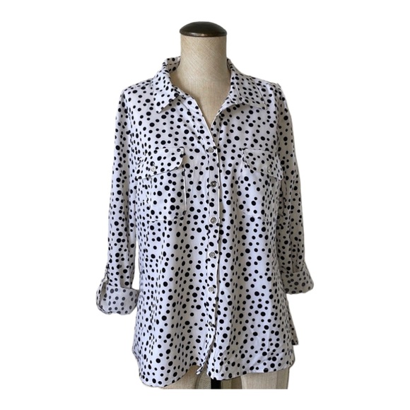 Notations Tops - Button-Down Long Sleeve Shirt | NOTATIONS (L) Black Polka Dot